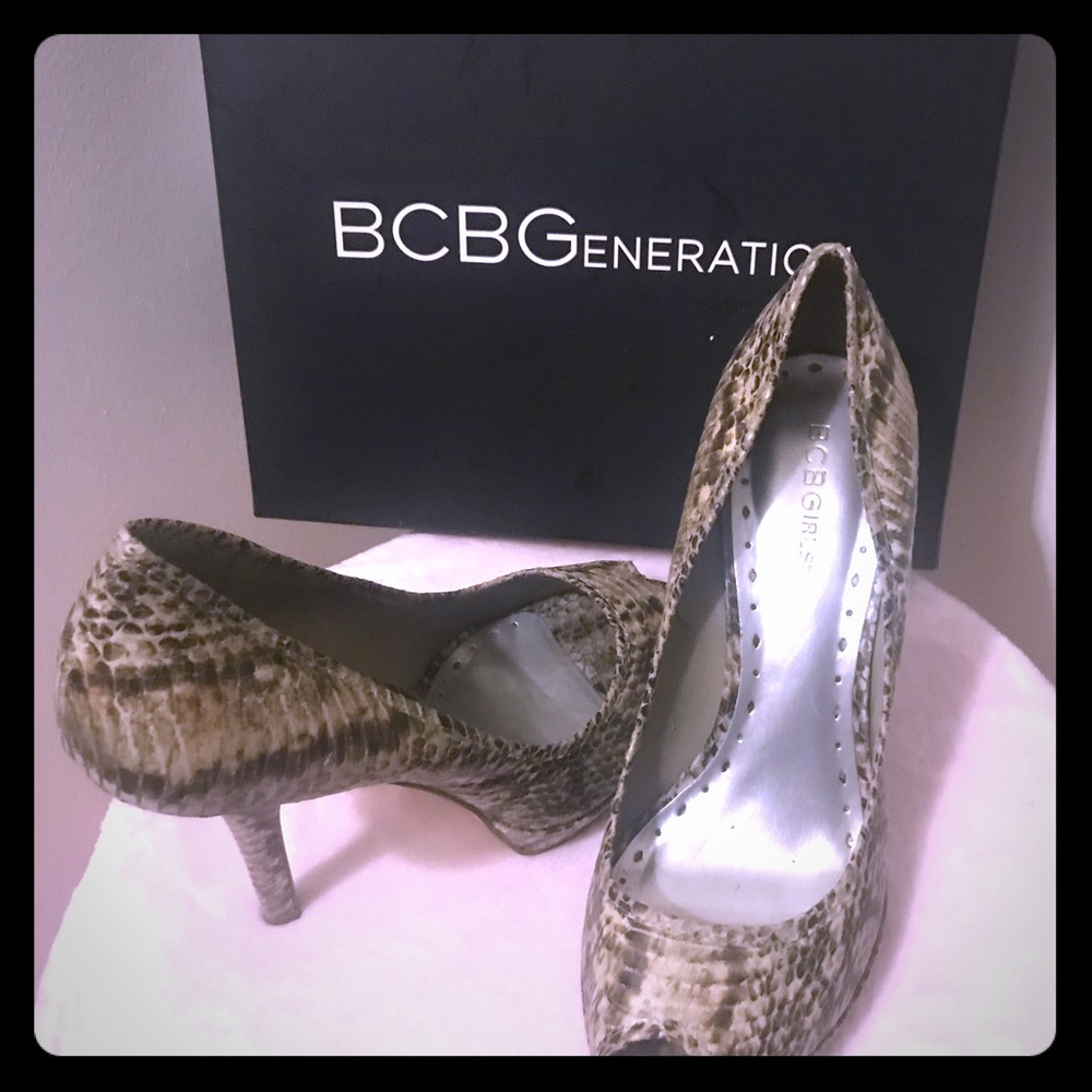 BCBG Snake Skin Peep Toe Heels